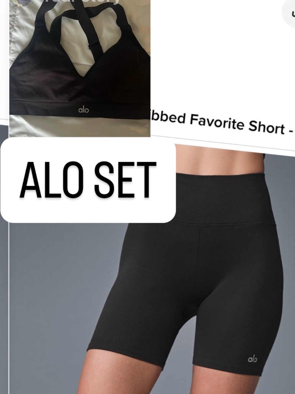 ALO Yoga Black Ribbed V-Neck Sports Bra and shorts set